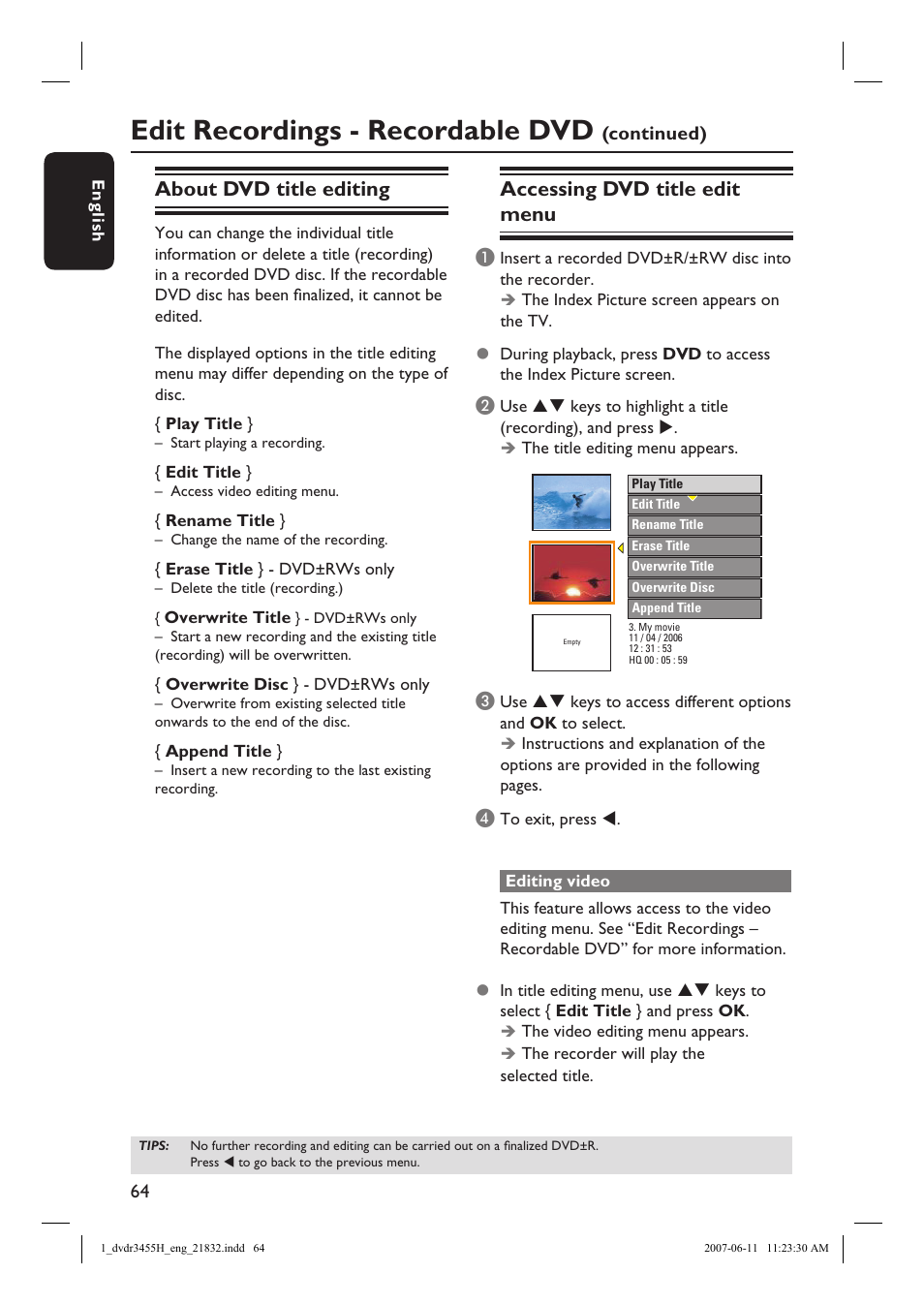 Edit recordings - recordable dvd, About dvd title editing, Accessing dvd title edit menu | Philips DVDR3455H-37 User Manual | Page 64 / 83