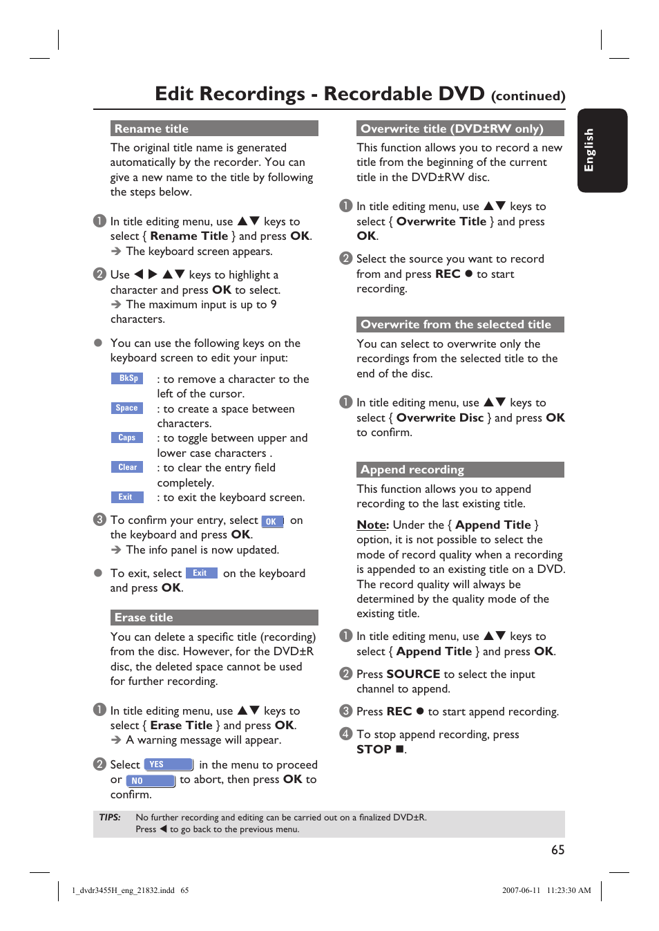 Edit recordings - recordable dvd | Philips DVDR3455H-37 User Manual | Page 65 / 83