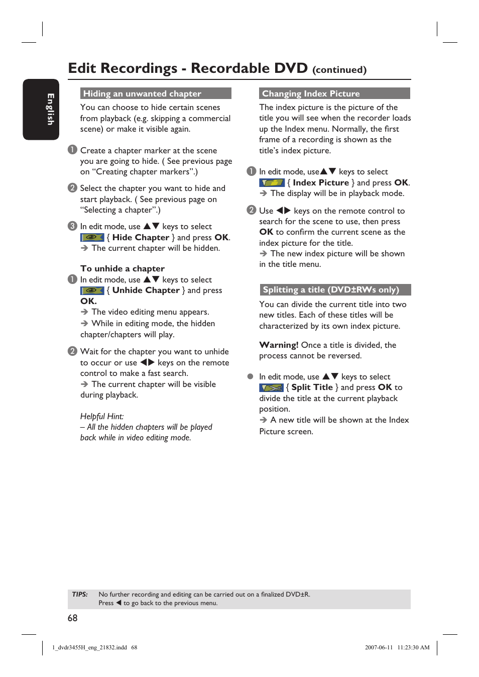 Edit recordings - recordable dvd | Philips DVDR3455H-37 User Manual | Page 68 / 83