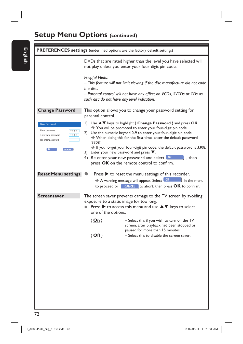 Setup menu options, Continued) | Philips DVDR3455H-37 User Manual | Page 72 / 83