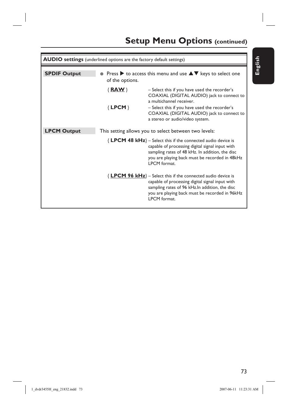 Setup menu options, Continued) | Philips DVDR3455H-37 User Manual | Page 73 / 83