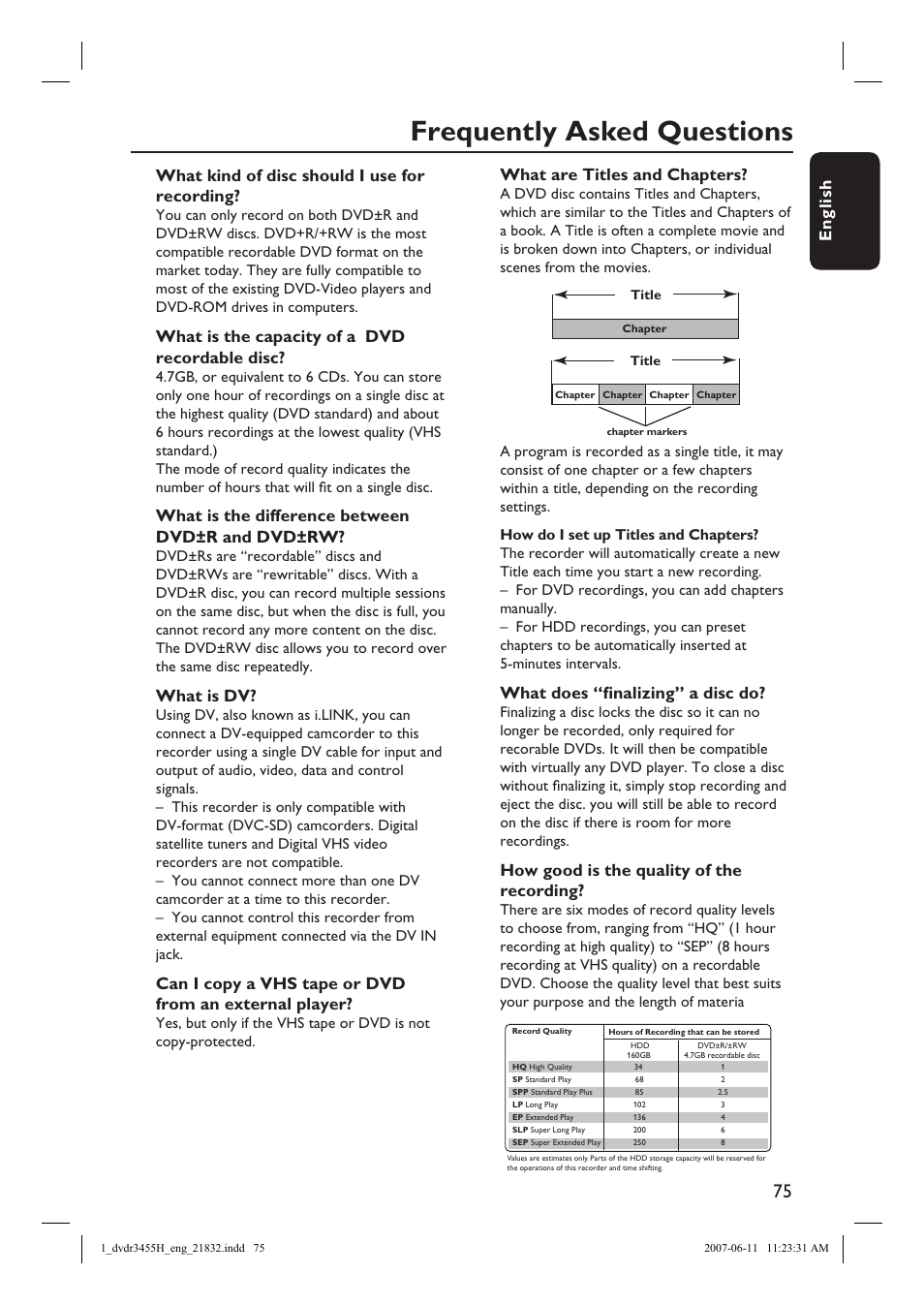 Frequently asked questions, English, What kind of disc should i use for recording | What is the capacity of a dvd recordable disc, What is the difference between dvd±r and dvd±rw, What is dv, What are titles and chapters, What does “fi nalizing” a disc do, How good is the quality of the recording | Philips DVDR3455H-37 User Manual | Page 75 / 83