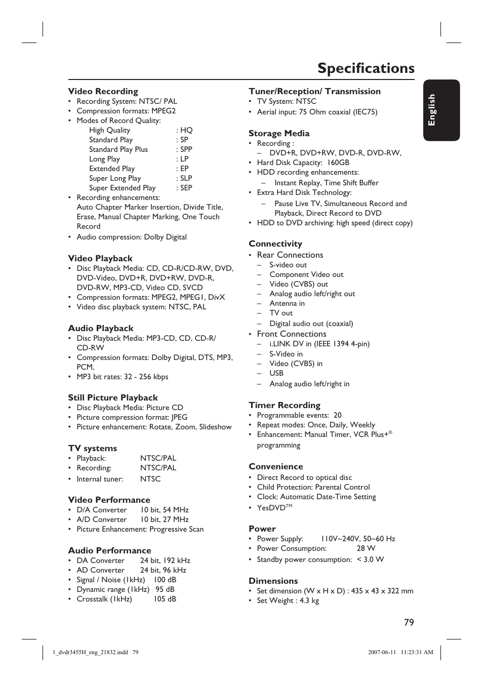 Specifi cations | Philips DVDR3455H-37 User Manual | Page 79 / 83