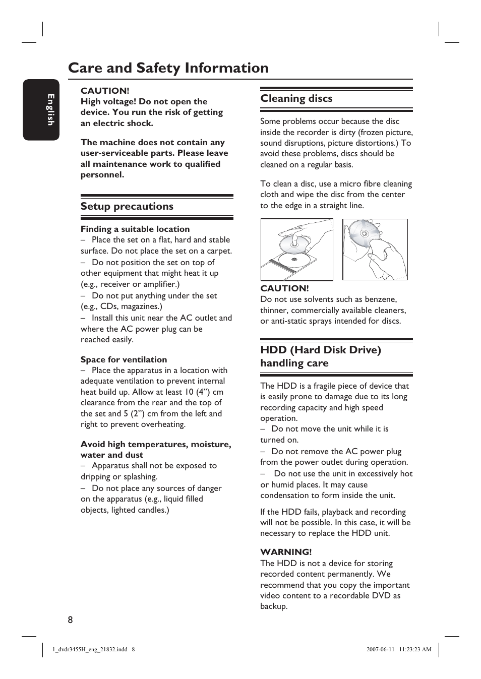 Care and safety information, Setup precautions, Cleaning discs | Hdd (hard disk drive) handling care | Philips DVDR3455H-37 User Manual | Page 8 / 83