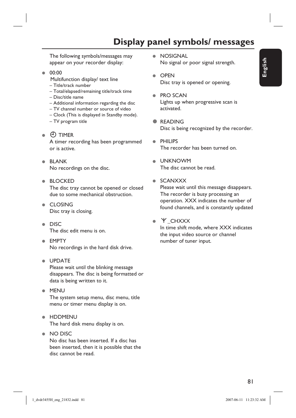 Display panel symbols/ messages | Philips DVDR3455H-37 User Manual | Page 81 / 83