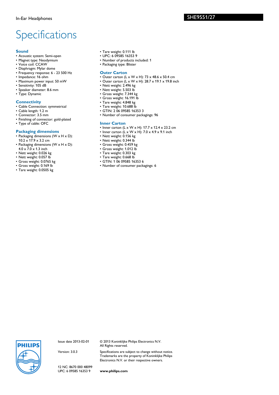 Specifications | Philips SHE9551-27 User Manual | Page 2 / 2