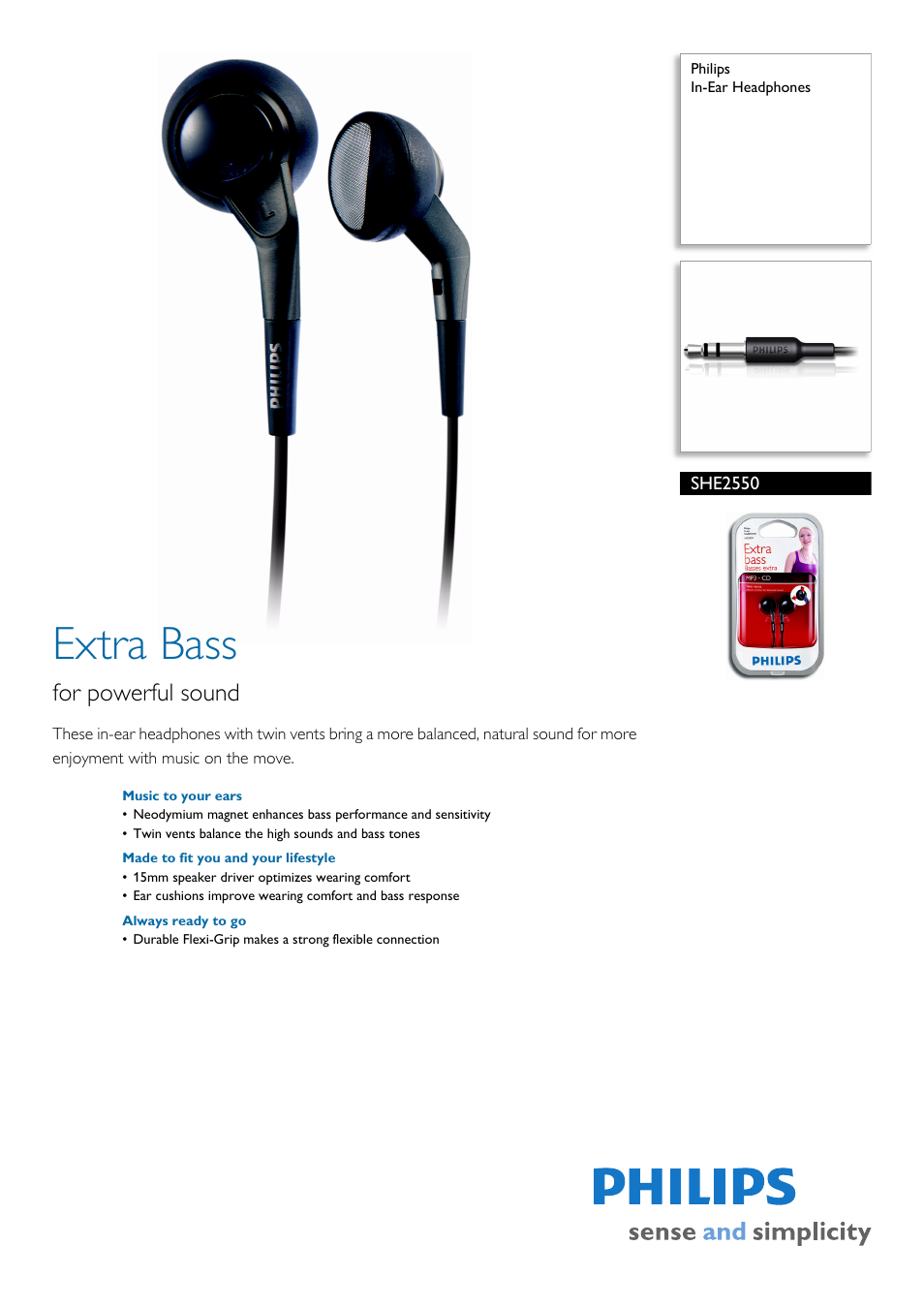Philips In-Ear Headphones SHE2550 User Manual | 2 pages