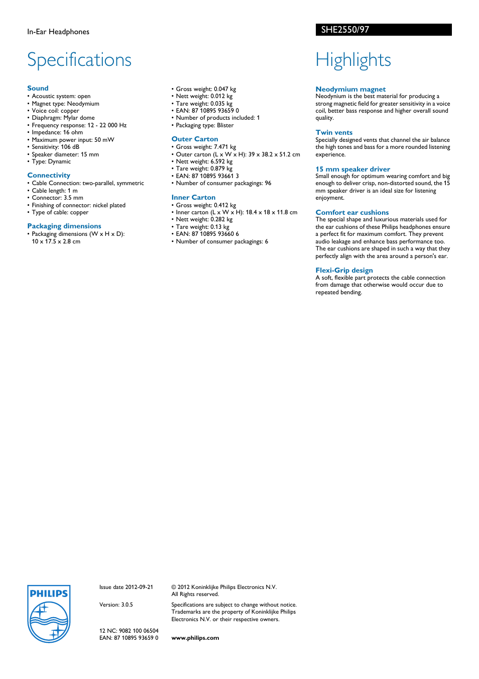 Specifications, Highlights | Philips In-Ear Headphones SHE2550 User Manual | Page 2 / 2