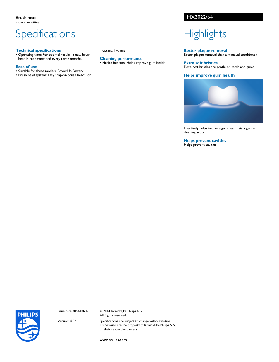 Specifications, Highlights | Philips HX3022-64 User Manual | Page 2 / 2