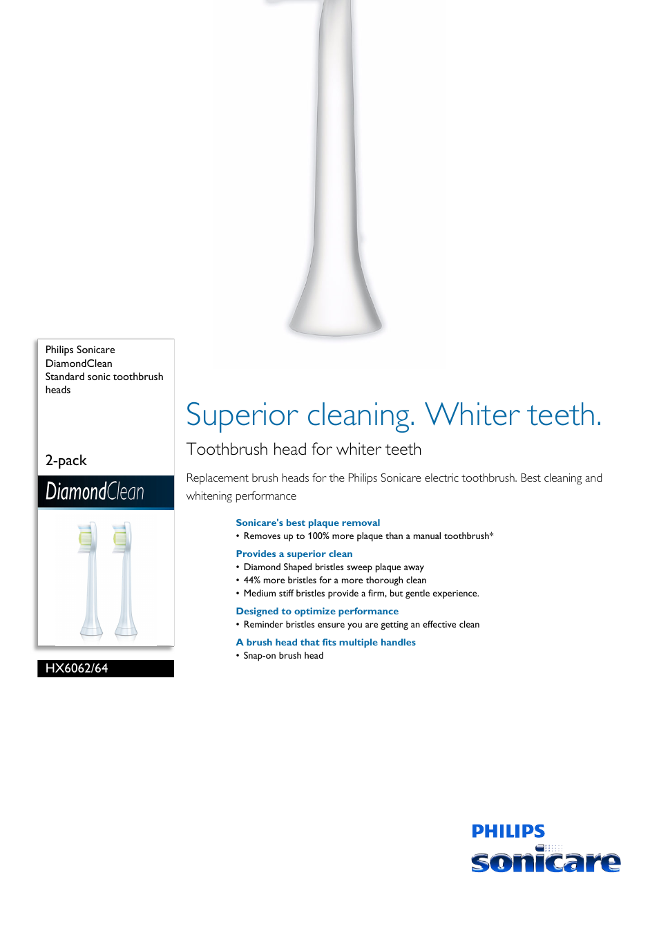 Philips Sonicare DiamondClean Standard sonic toothbrush heads HX6062-64 2-pack User Manual | 2 pages