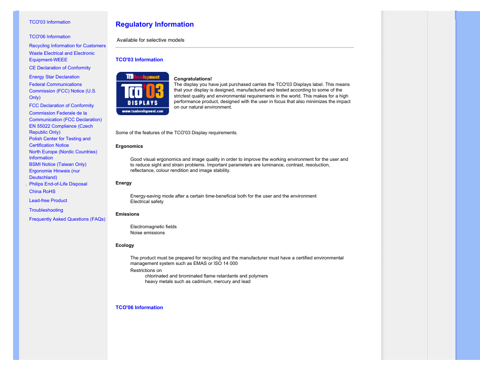 Regulatory information | Philips Brilliance LCD monitor with SmartImage 17S1SB 43 cm 17" S-line Format 54 User Manual | Page 12 / 95