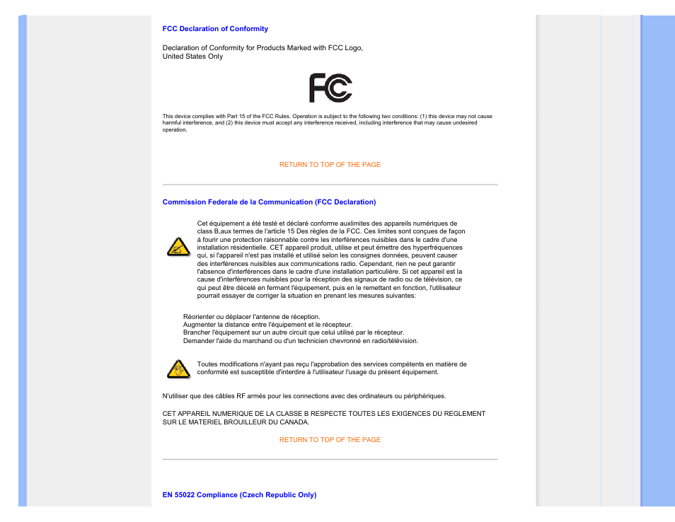 En 55022 compliance (czech republic only) | Philips Brilliance LCD monitor with SmartImage 17S1SB 43 cm 17" S-line Format 54 User Manual | Page 17 / 95