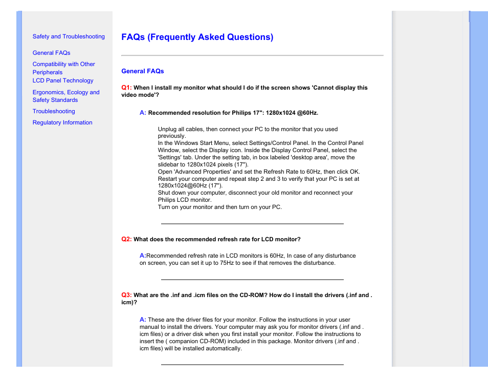 Faqs (frequently asked questions), Faqs | Philips Brilliance LCD monitor with SmartImage 17S1SB 43 cm 17" S-line Format 54 User Manual | Page 4 / 95