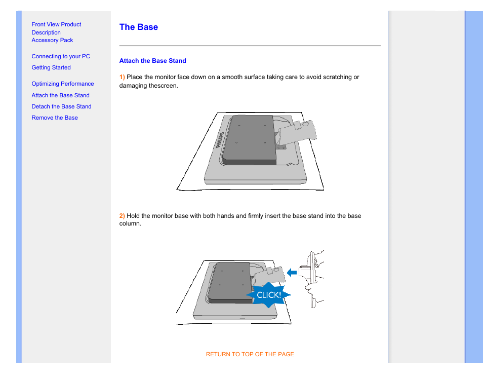 The base | Philips Brilliance LCD monitor with SmartImage 17S1SB 43 cm 17" S-line Format 54 User Manual | Page 62 / 95