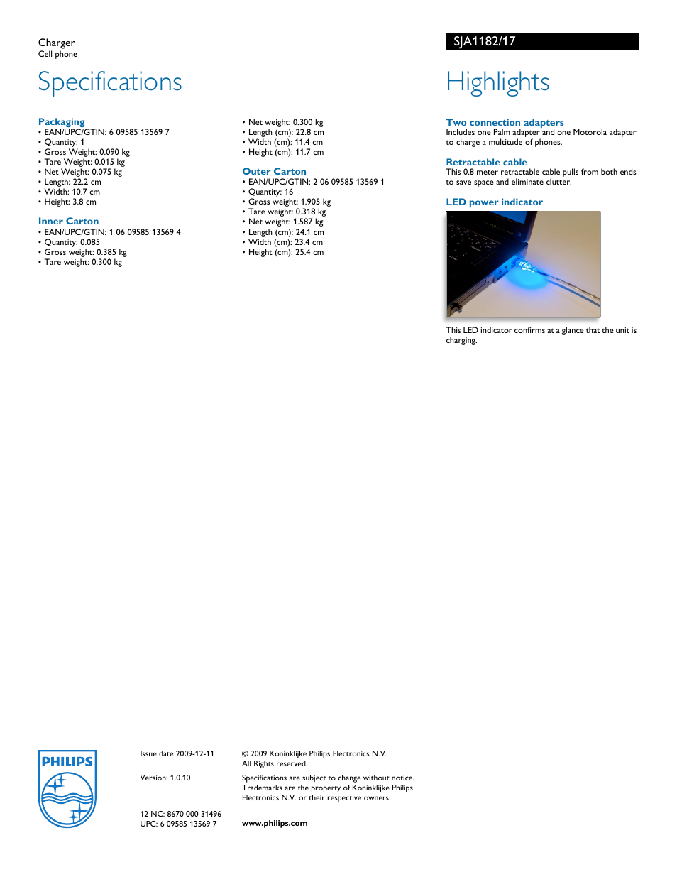 Specifications, Highlights | Philips SJA1182-17 User Manual | Page 2 / 2