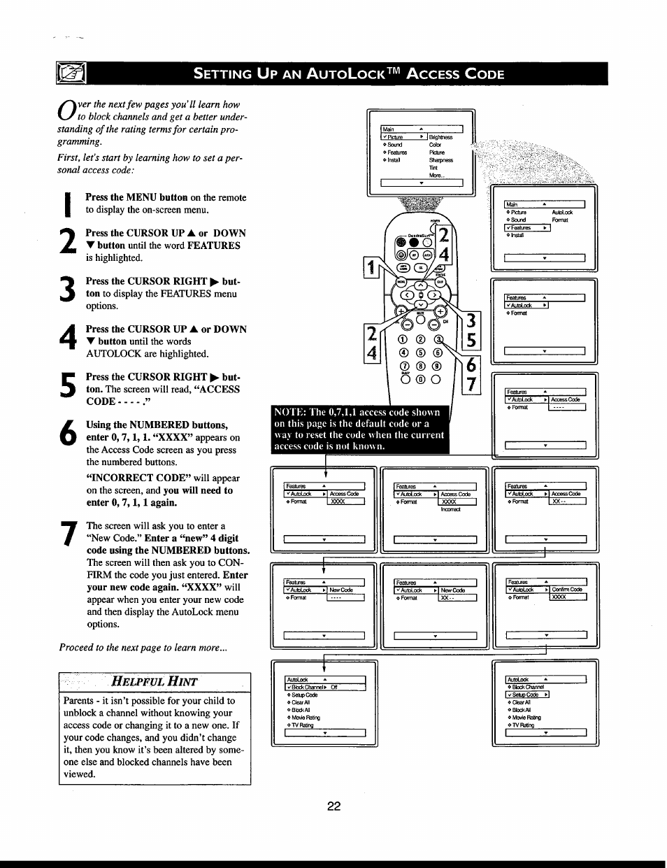 Setting up an autolock™ access code, Helpful hint, Setting up the autolock^“ access code | Etting, Ccess | Philips 27PT541S User Manual | Page 22 / 40