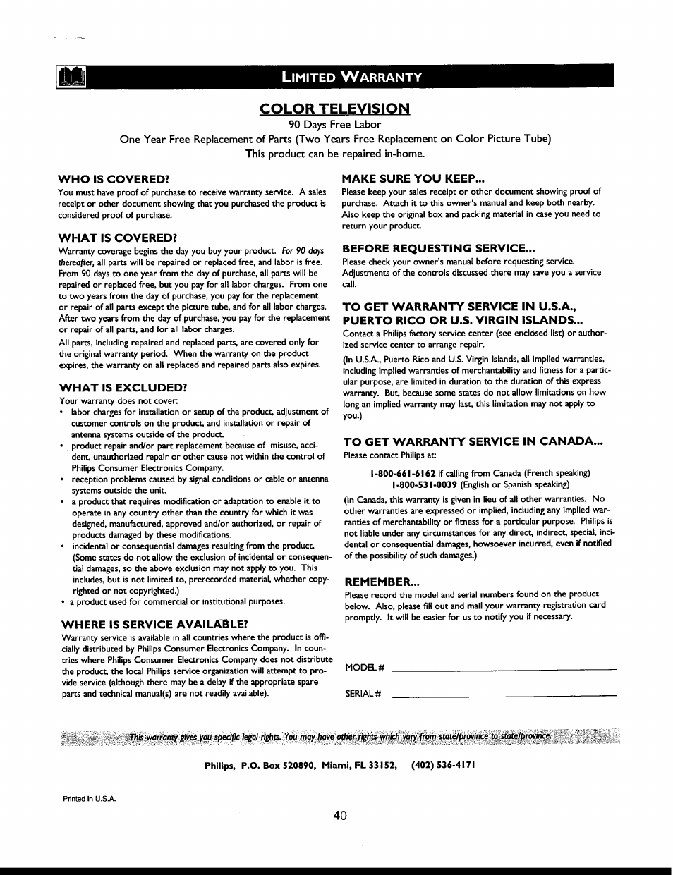 Limited warranty, Who is covered, What is covered | What is excluded, Where is service available, Make sure you keep, Before requesting service, To get warranty service in canada, Remember, Color television | Philips 27PT541S User Manual | Page 40 / 40