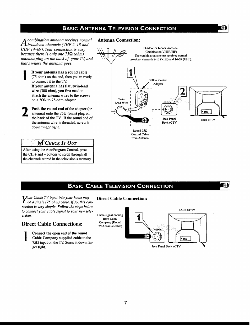 Check it out, Basic cable television connection, Basic television operation | Philips 27PT541S User Manual | Page 7 / 40