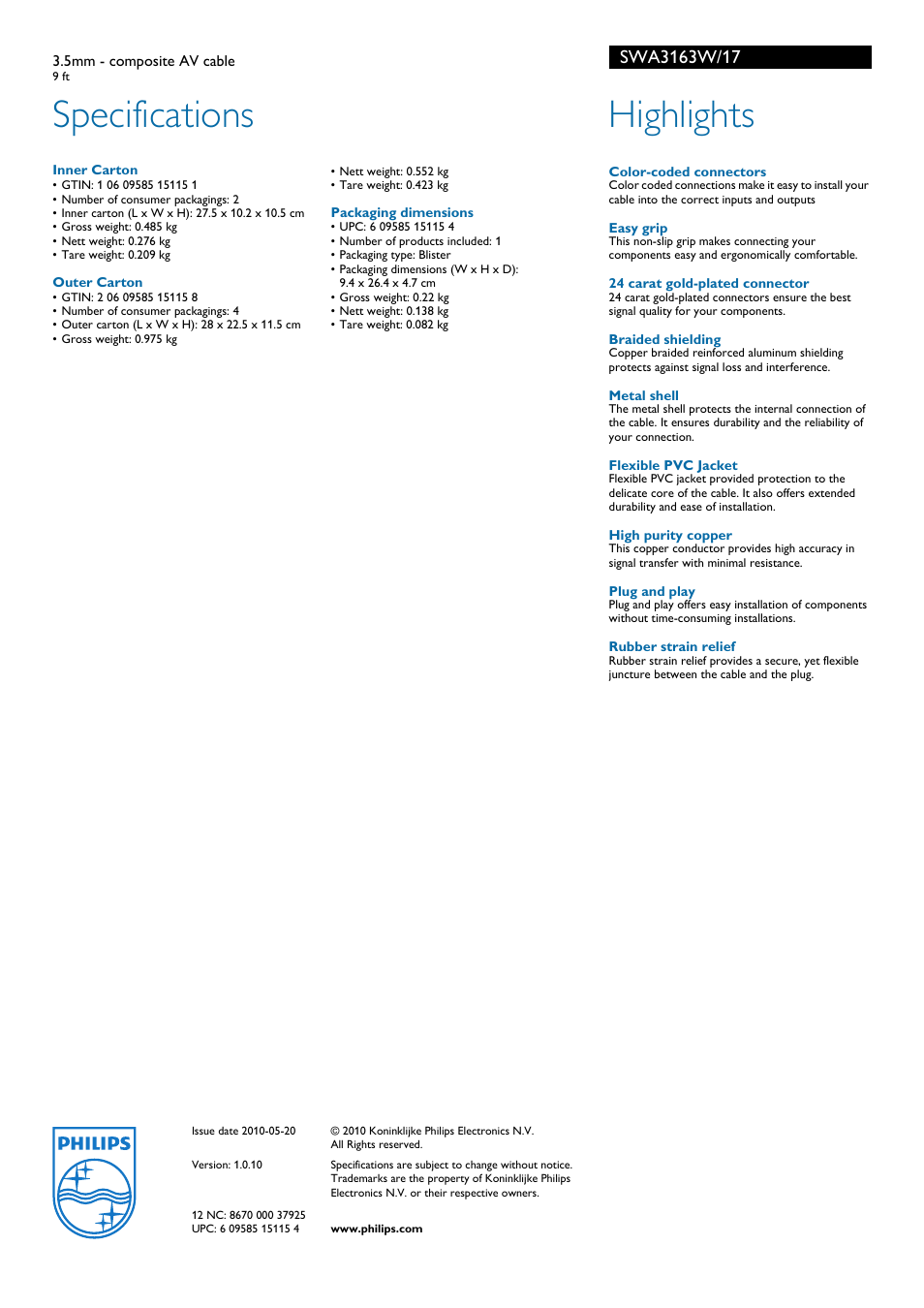 Specifications, Highlights | Philips SWA3163W-17 User Manual | Page 2 / 2