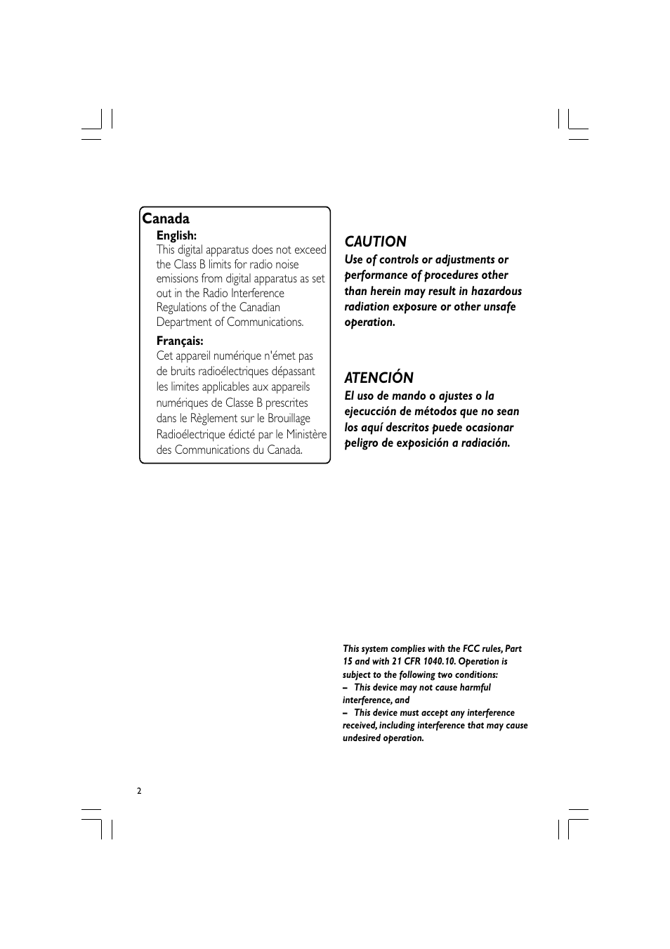 Caution, Atención, Canada | Philips FWM569-37B User Manual | Page 2 / 26