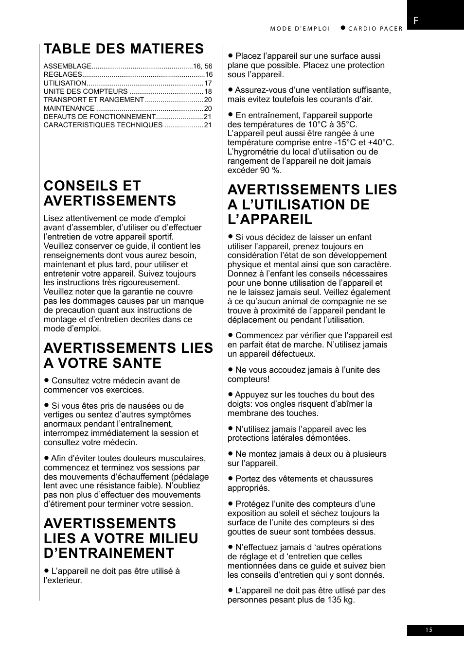 Table des matieres, Conseils et avertissements, Avertissements lies a votre sante | Avertissements lies a votre milieu d’entrainement, Avertissements lies a l’utilisation de l’appareil | Accell CARDIO PACER User Manual | Page 15 / 64