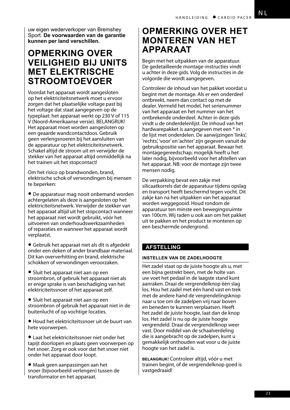 Opmerking over het monteren van het apparaat | Accell CARDIO PACER User Manual | Page 23 / 64