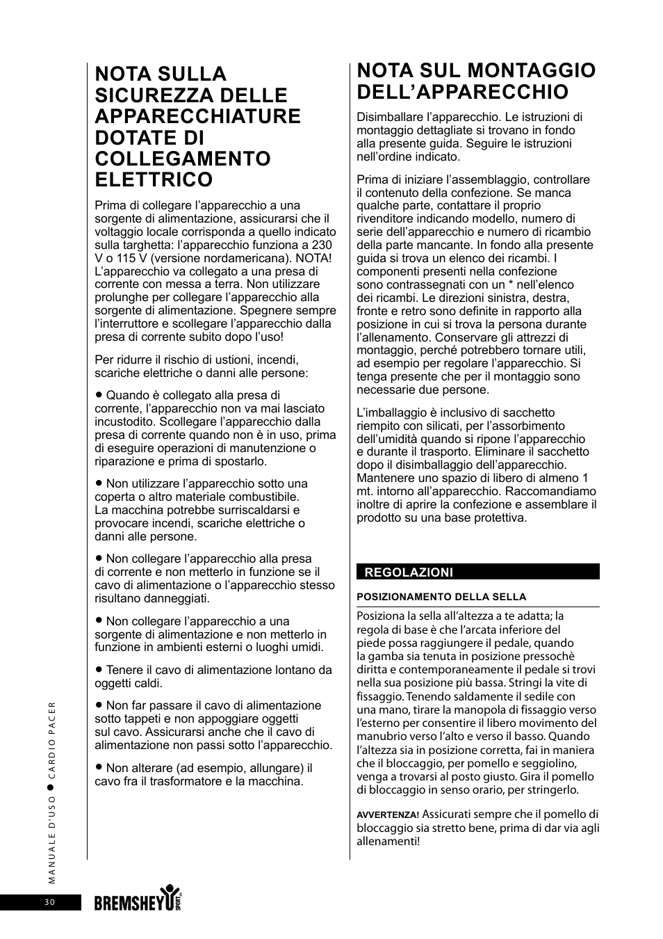 Nota sul montaggio dell’apparecchio | Accell CARDIO PACER User Manual | Page 30 / 64