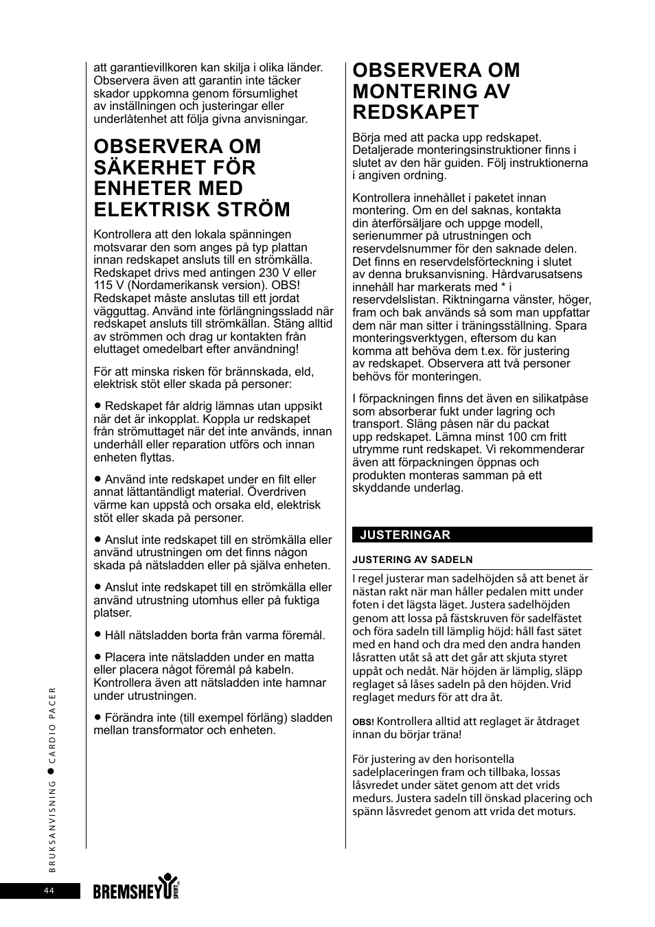 Observera om montering av redskapet | Accell CARDIO PACER User Manual | Page 44 / 64