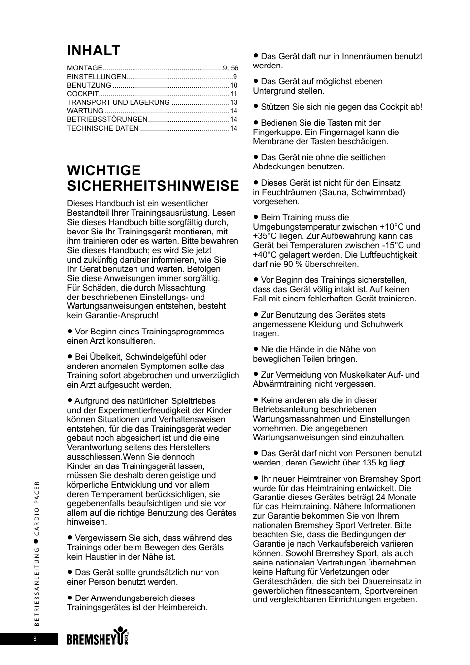 Inhalt, Wichtige sicherheitshinweise | Accell CARDIO PACER User Manual | Page 8 / 64