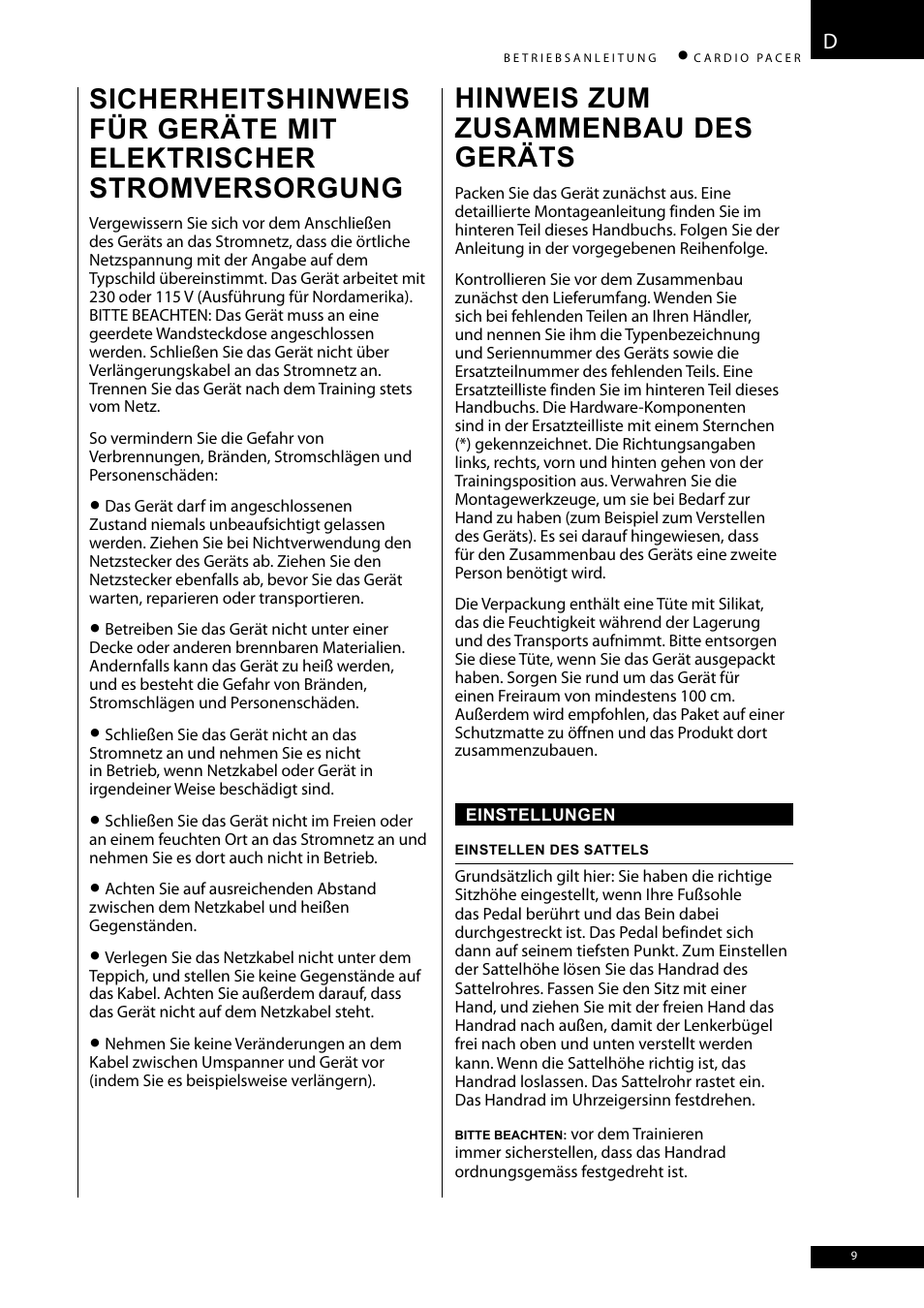 Hinweis zum zusammenbau des geräts | Accell CARDIO PACER User Manual | Page 9 / 64