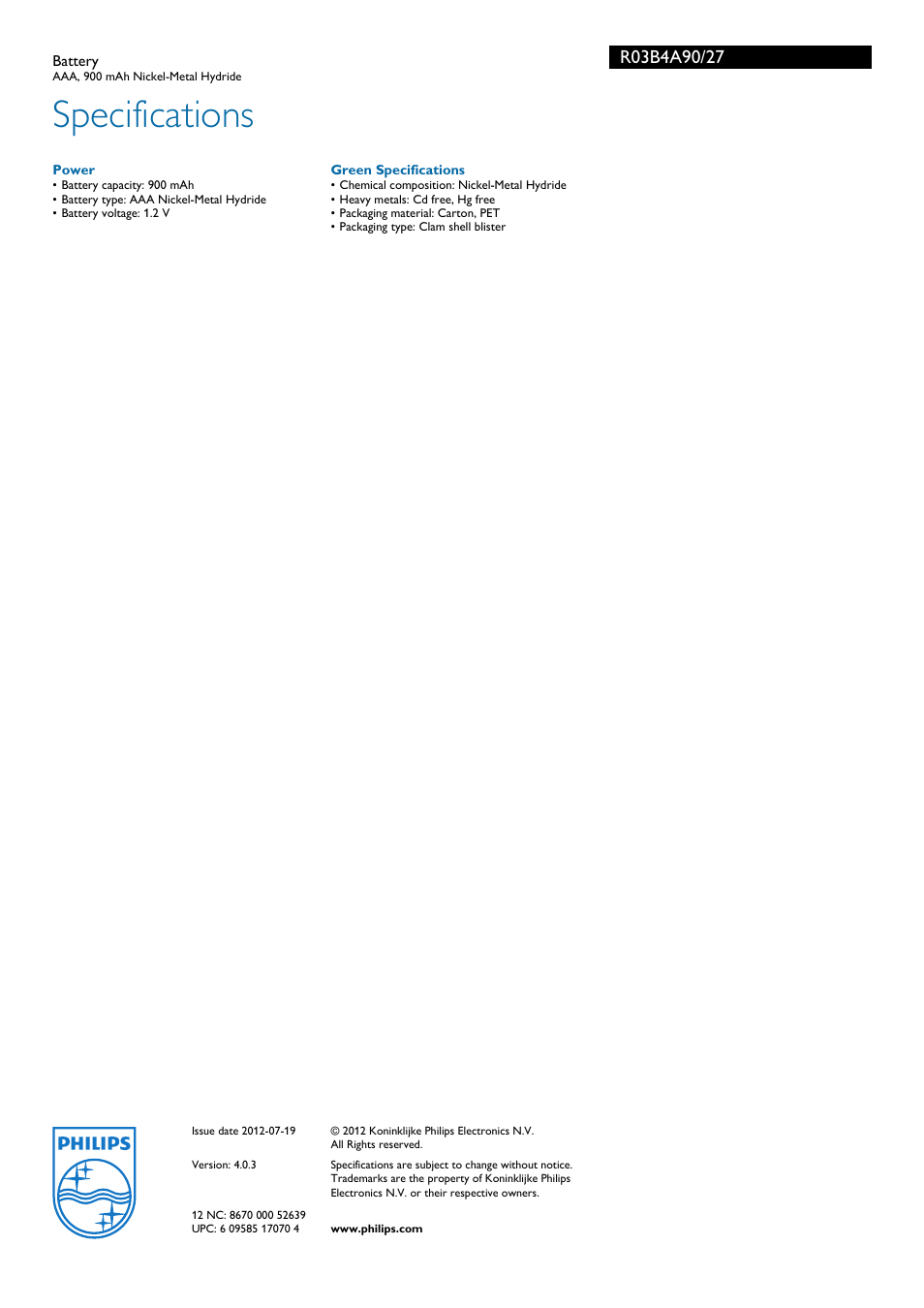 Specifications | Philips R03B4A90-27 User Manual | Page 2 / 2