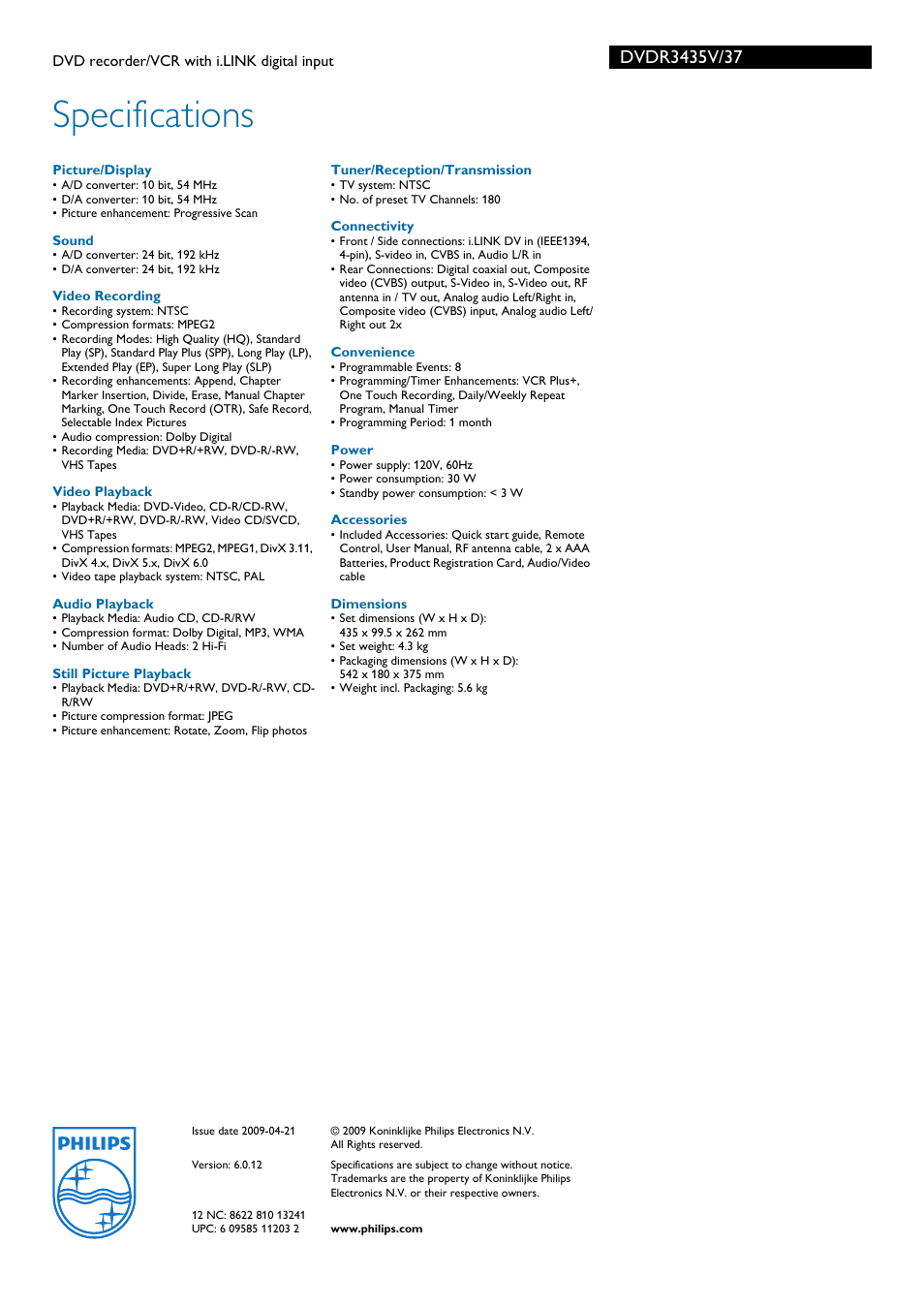 Specifications | Philips DVDR3435V-37 User Manual | Page 3 / 3