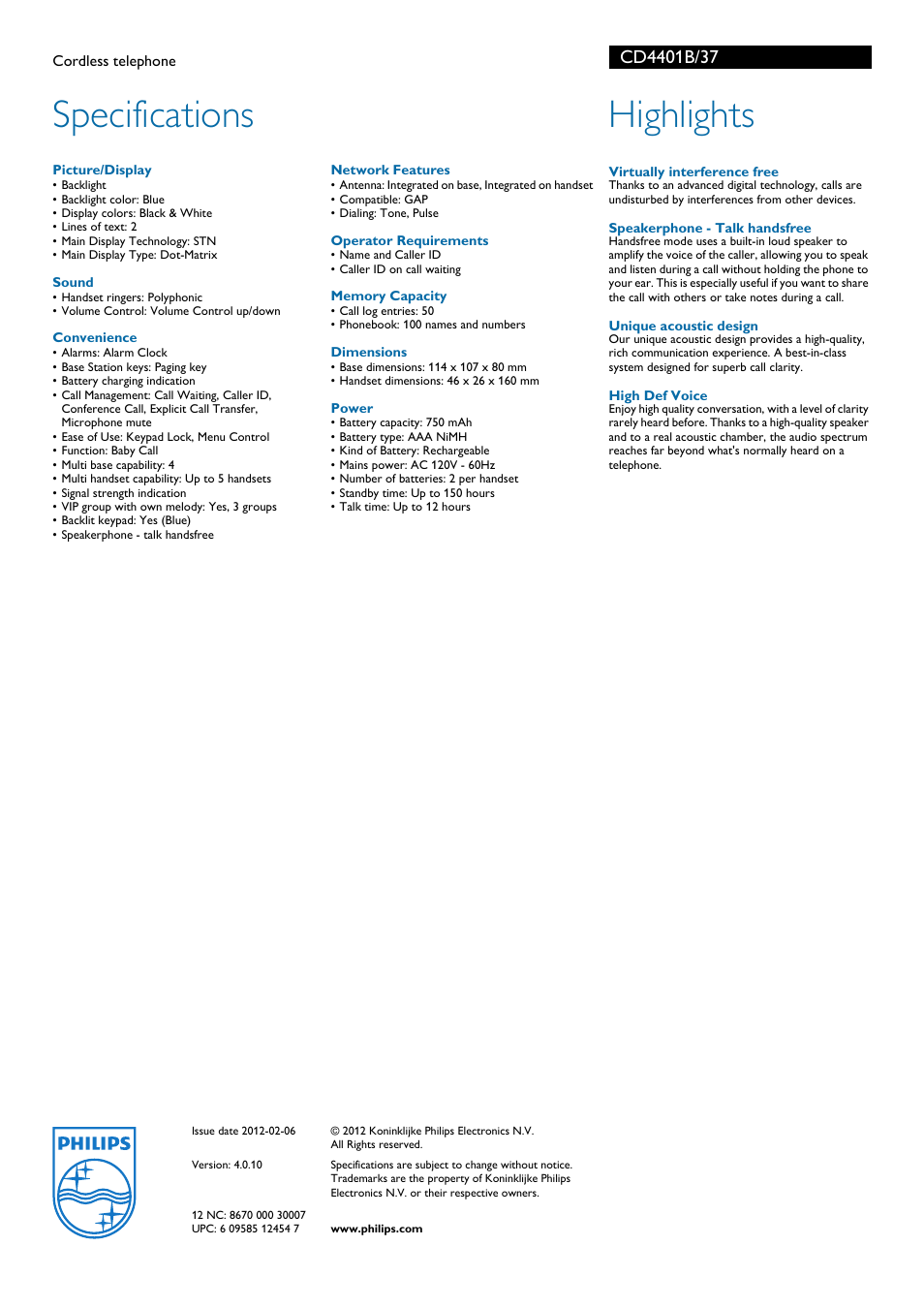 Specifications, Highlights | Philips CD4401B-37 User Manual | Page 2 / 2