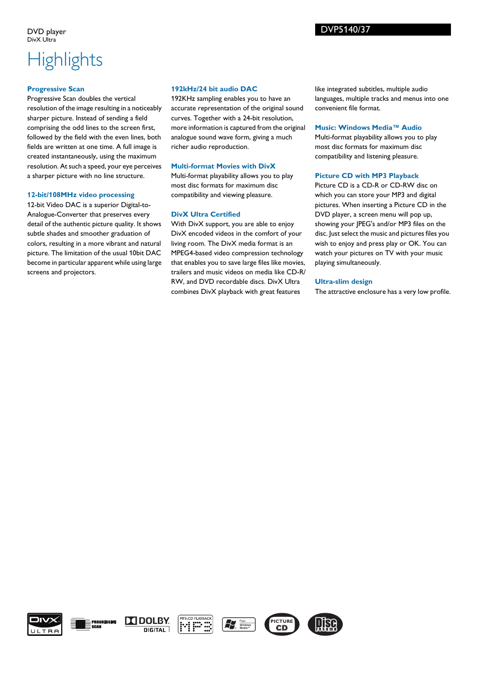 Highlights | Philips DVP5140-37B User Manual | Page 2 / 3