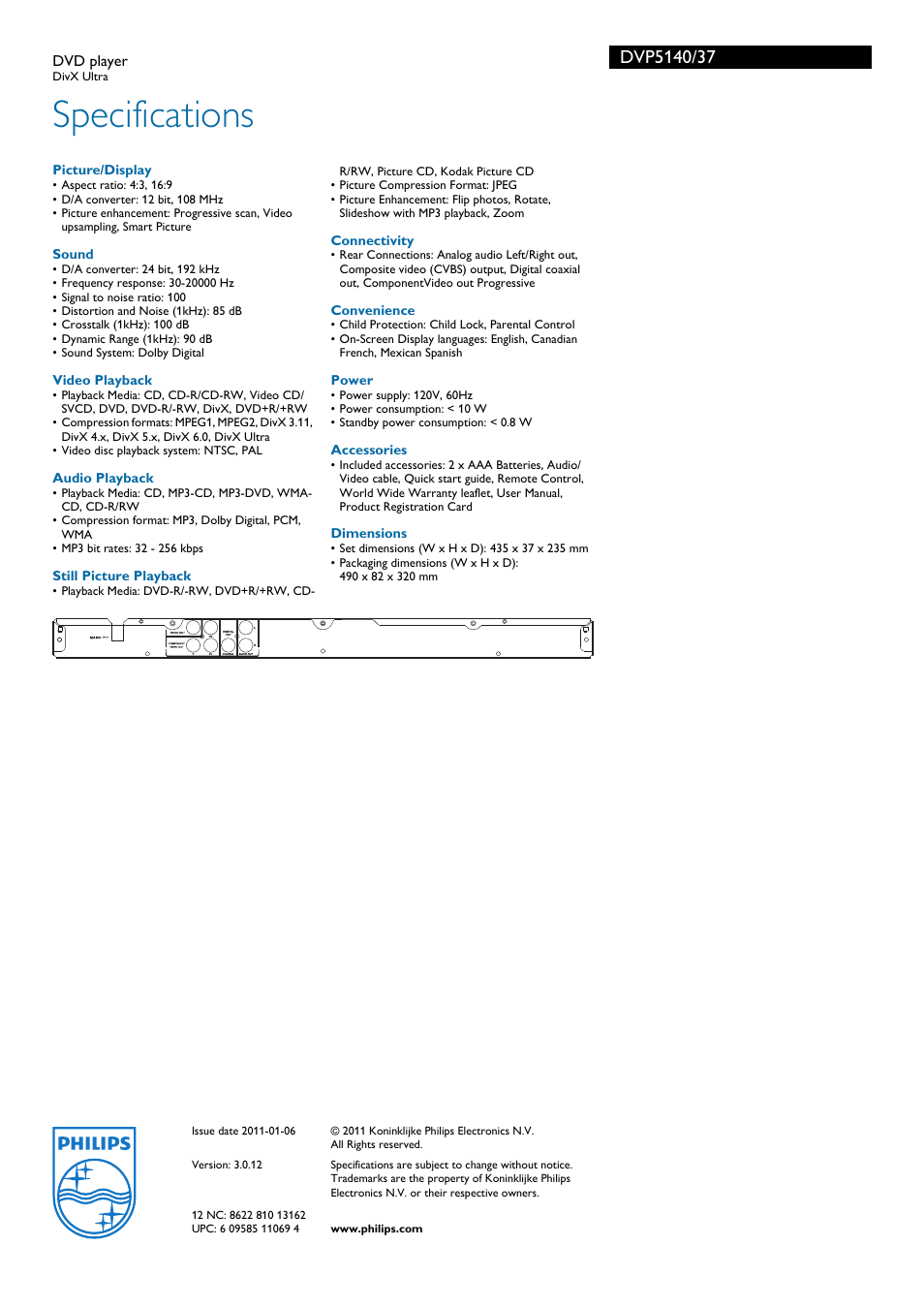 Specifications | Philips DVP5140-37B User Manual | Page 3 / 3