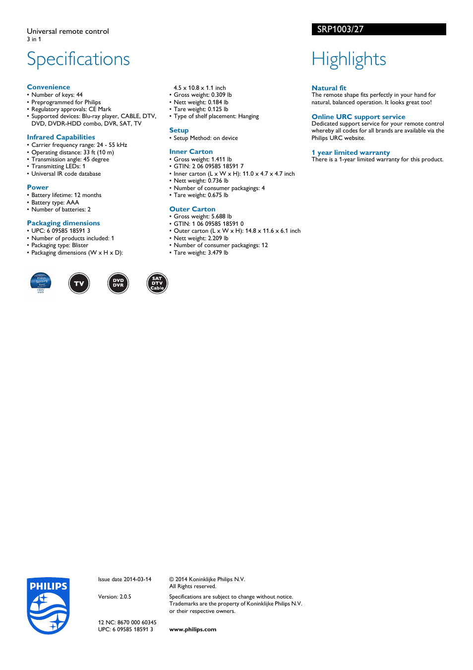 Specifications, Highlights | Philips SRP1003-27 User Manual | Page 2 / 2
