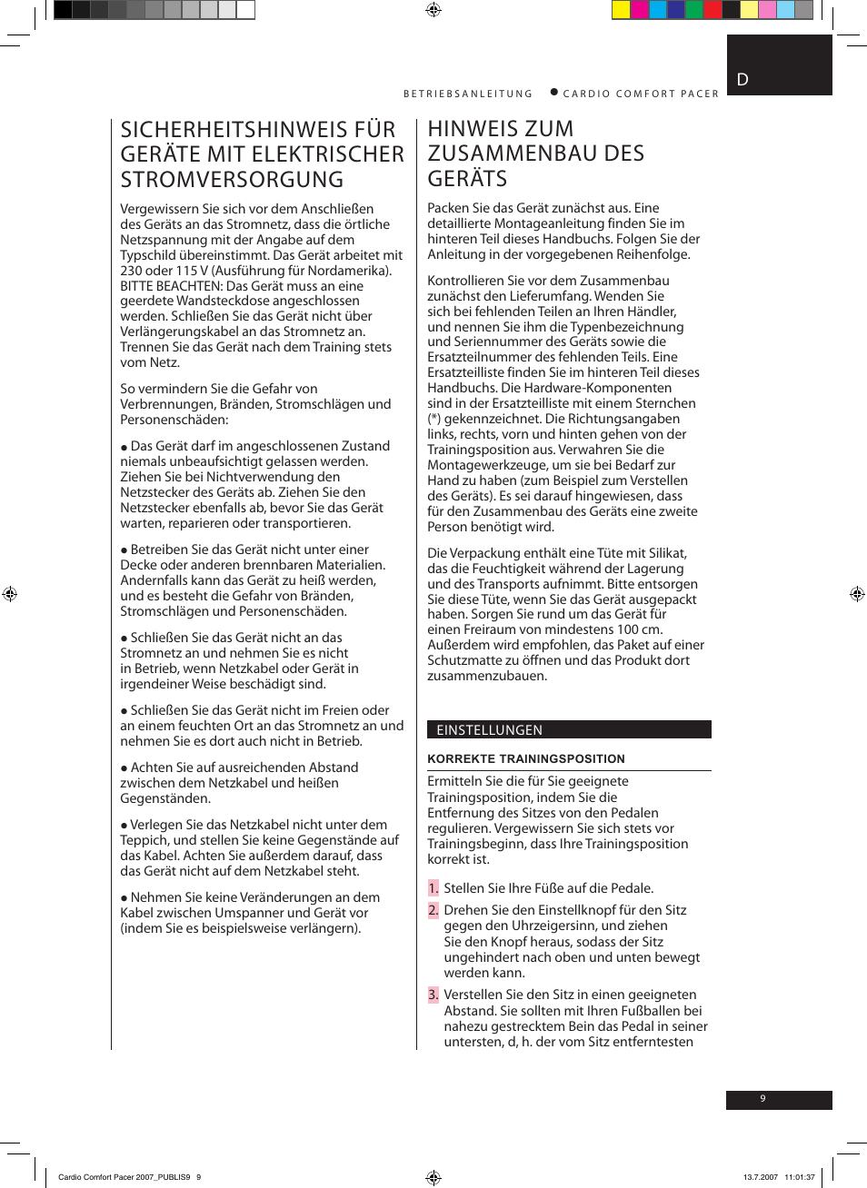 Hinweis zum zusammenbau des geräts | Accell Cardio Comfort Pacer User Manual | Page 9 / 68