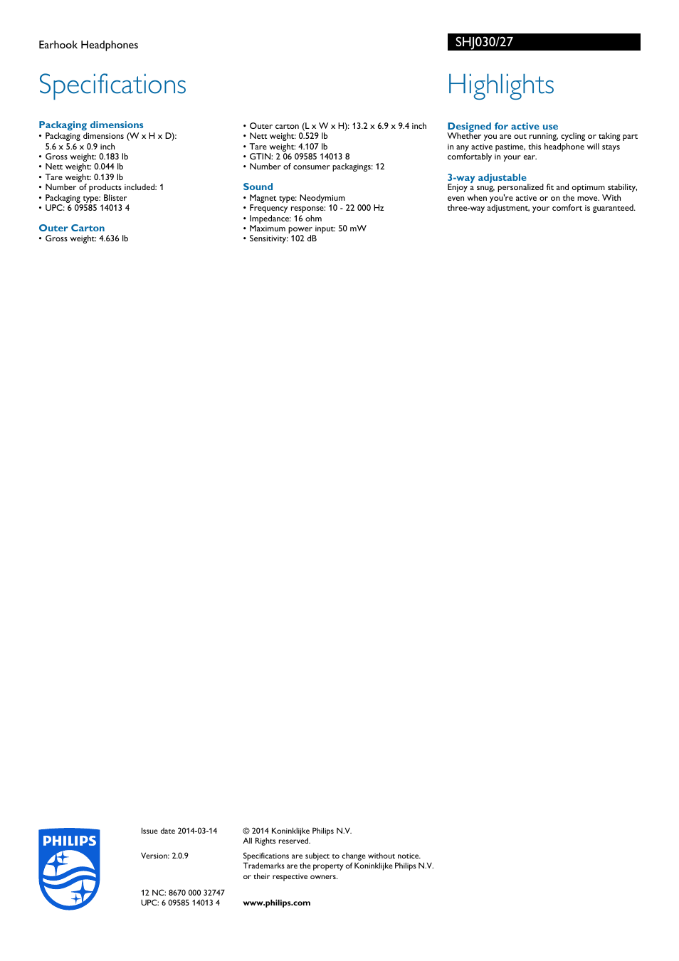 Specifications, Highlights | Philips SHJ030-27 User Manual | Page 2 / 2