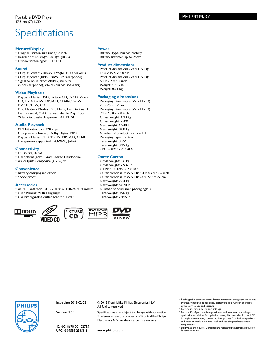 Specifications | Philips PET741M-37 User Manual | Page 2 / 2