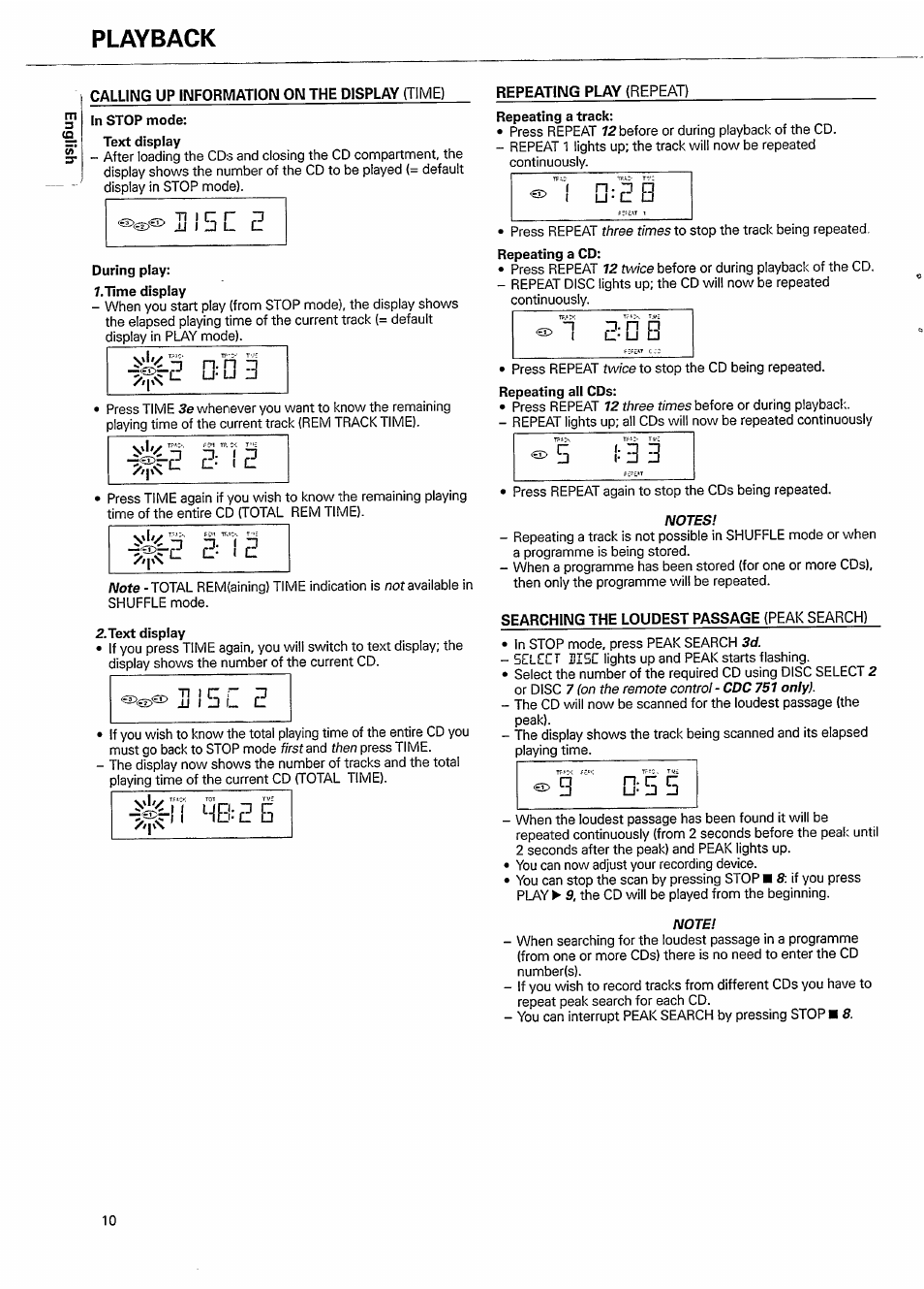 Calling up information oim the display (time), In stop mode, Repeating play (repeat) | During play, Time display, Text display, Searching the loudest passage (peak search), Calling up other information on the display, Searching the loudest passage, Playback | Philips CDC751-17 User Manual | Page 10 / 18