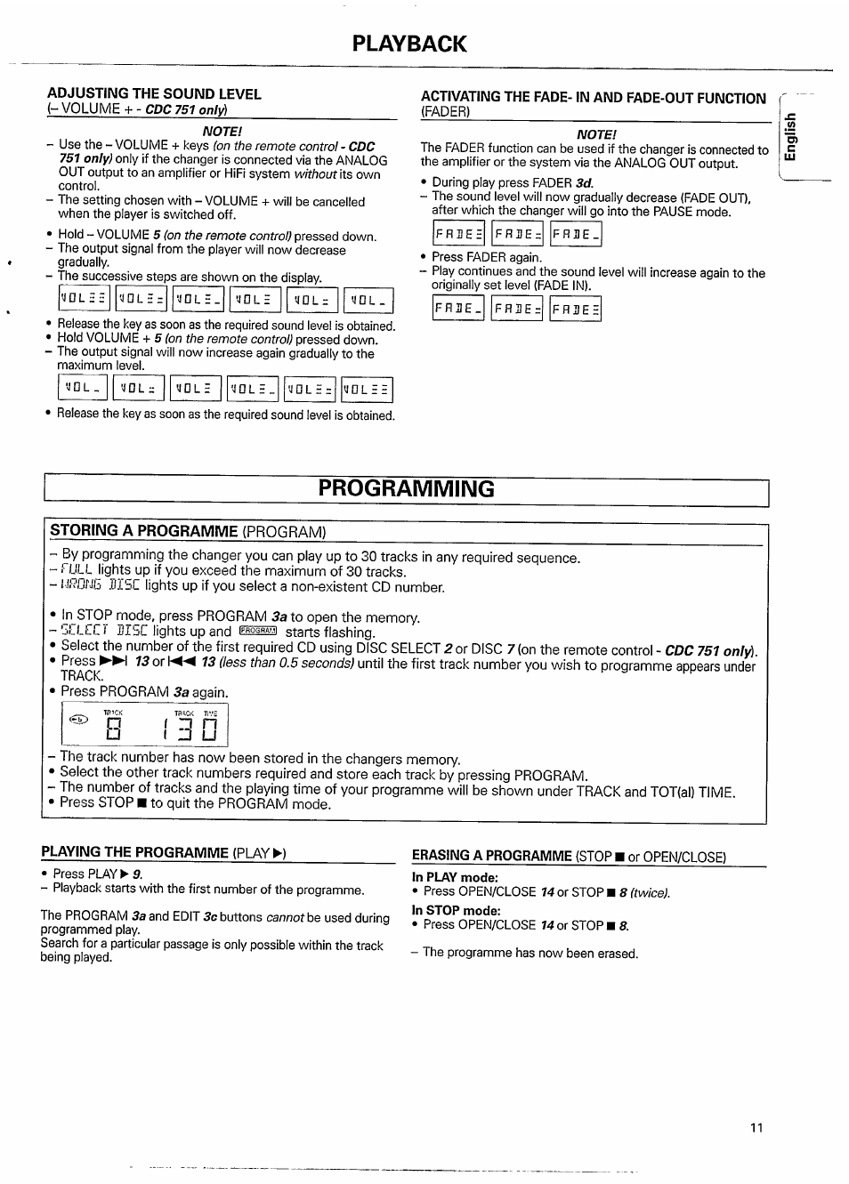 Adjusting the sound level, Activating the fade- in and fade-out function, Programming | Playing the programme (play ►), Activating the fade-in and fade-out function, Playing the programme, Playback, Program), I‘i5c | Philips CDC751-17 User Manual | Page 11 / 18