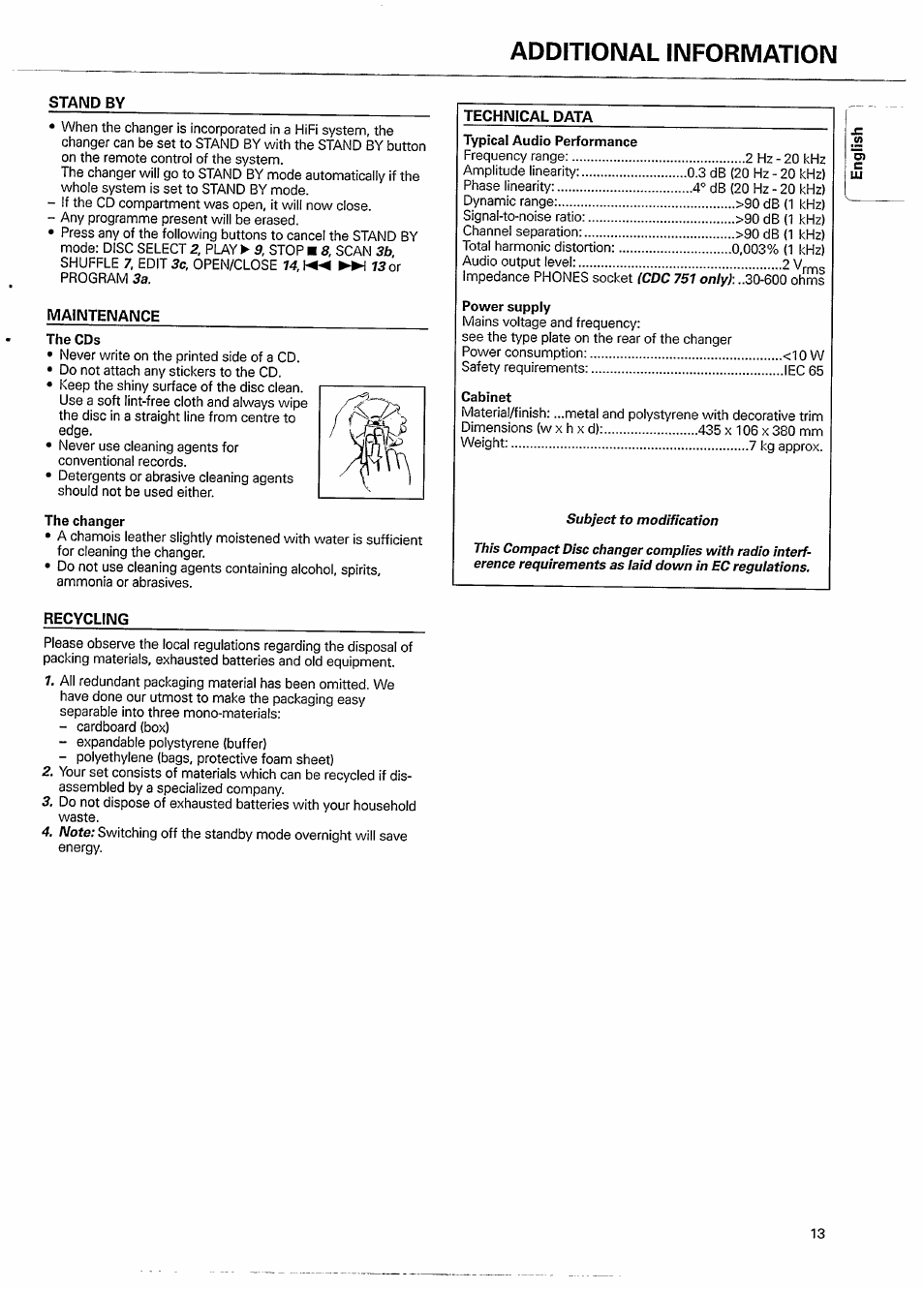 Additional information, Stand by, Maintenance | The cds, The changer, Technical data, Power supply, Cabinet, Recycling, Maintenance recycling | Philips CDC751-17 User Manual | Page 13 / 18