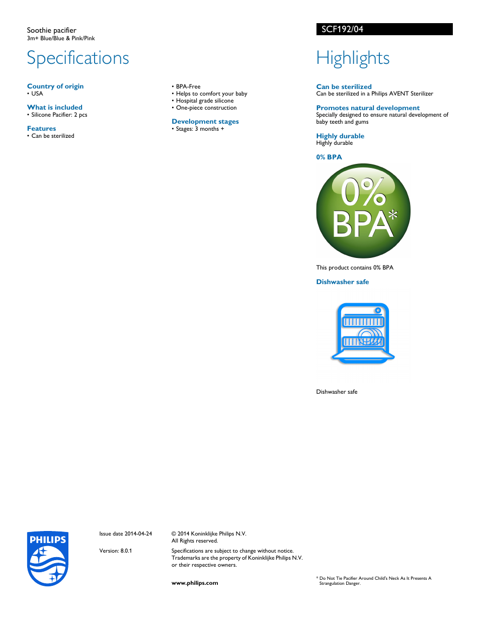 Specifications, Highlights | Philips SCF192-04 User Manual | Page 2 / 2
