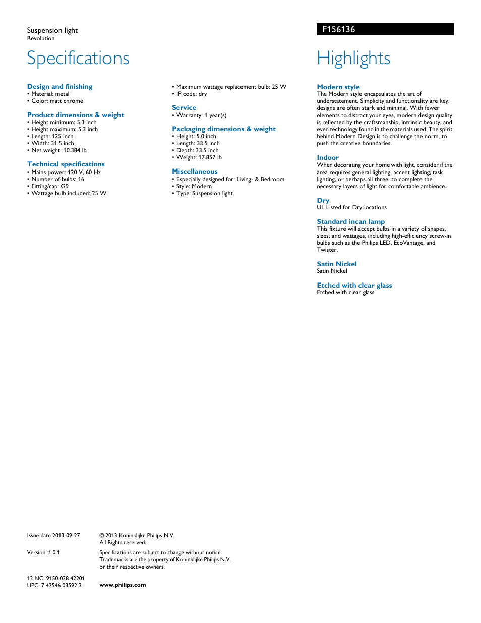 Specifications, Highlights | Philips F156136 User Manual | Page 2 / 2