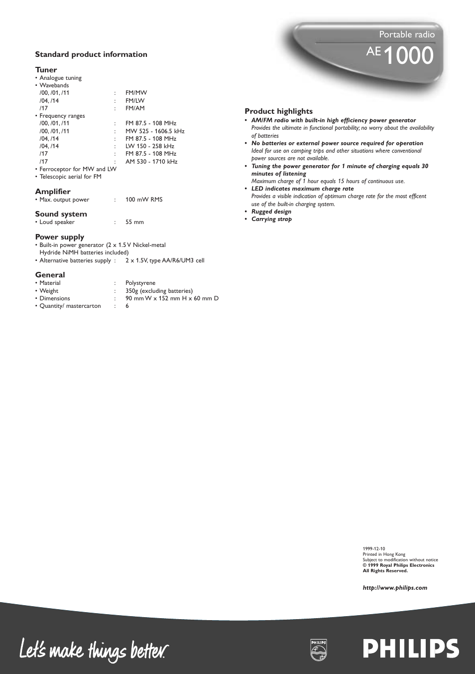 Portable radio | Philips AE1000-17 User Manual | Page 2 / 2