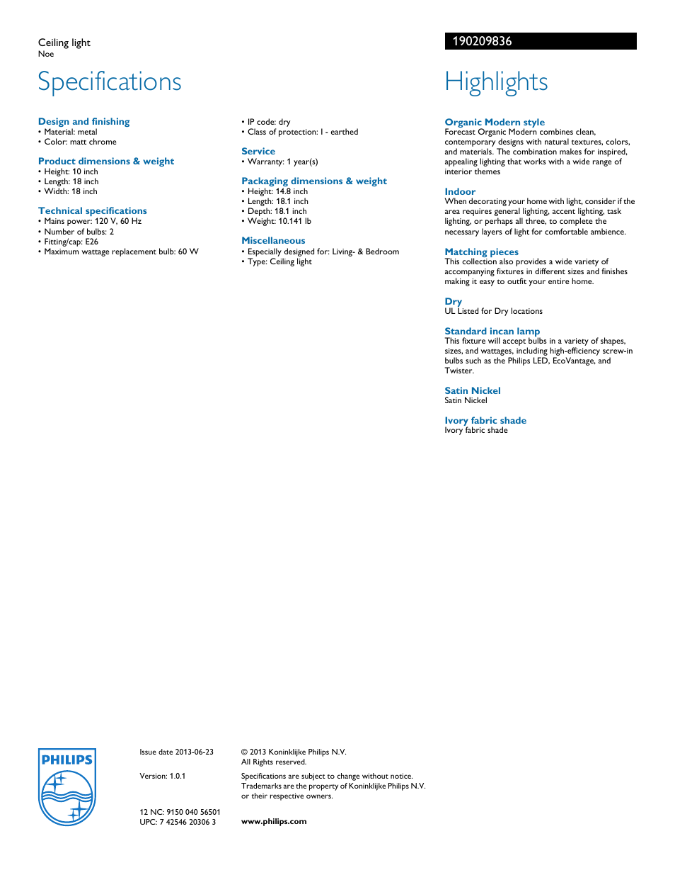 Specifications, Highlights | Philips 190209836 User Manual | Page 2 / 2