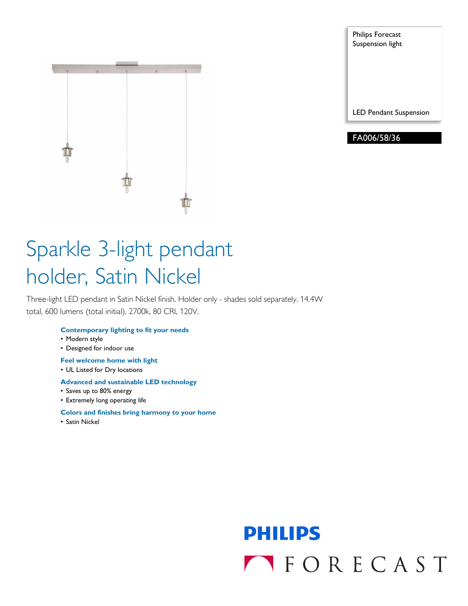 Philips Forecast Suspension light FA006-58-36 LED Pendant Suspension User Manual | 2 pages