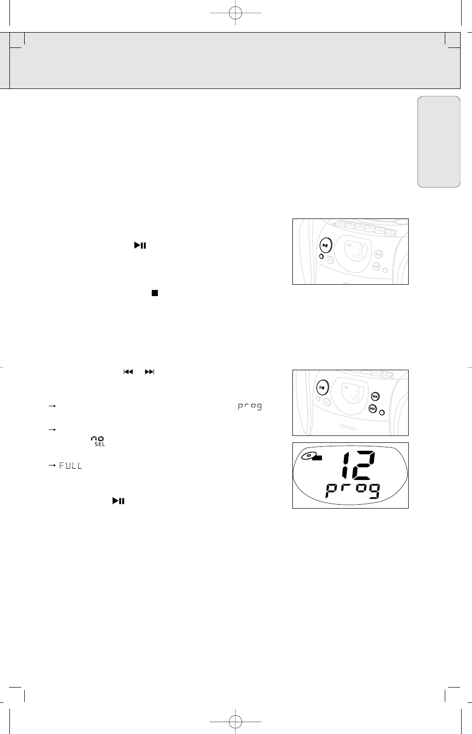 Cd player, English, Different play modes: shuffle and repeat | Programming track numbers, Reviewing the program | Philips AZ3141 User Manual | Page 13 / 44