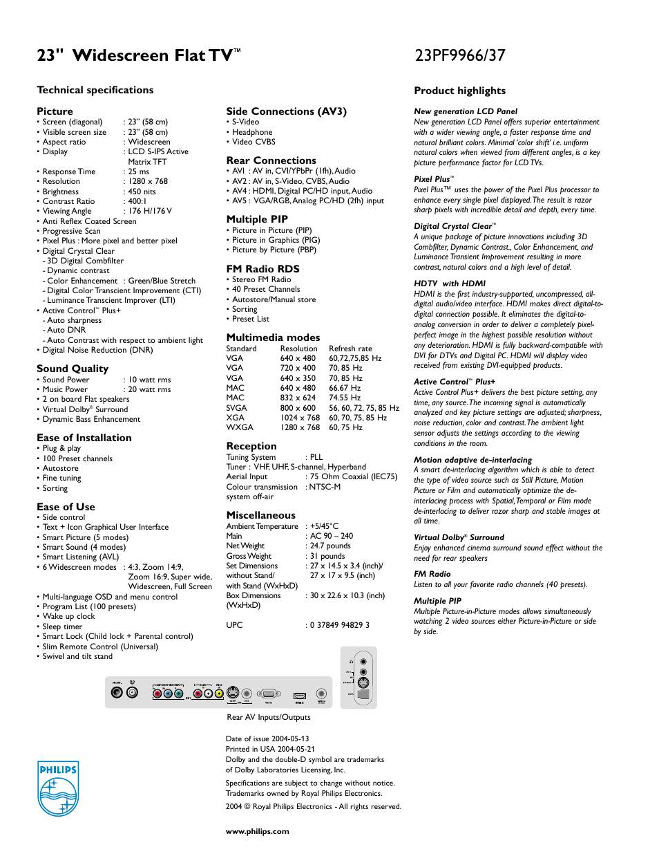 23" widescreen flat tv | Philips 23PF9966-37 User Manual | Page 2 / 2