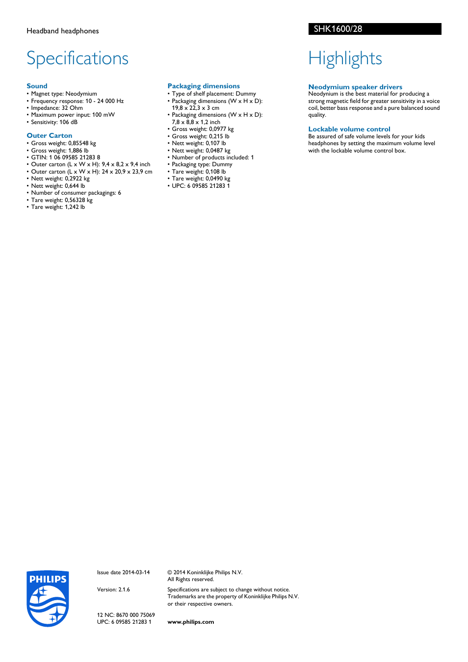 Specifications, Highlights | Philips SHK1600-28 User Manual | Page 2 / 2